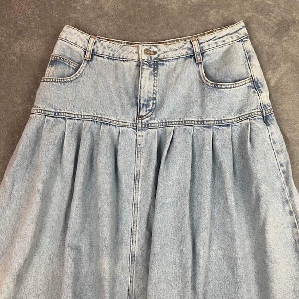 Pilcro Anthropologie Basque Waist Denim Midi Skirt Womens 12 Pleated Boho - Picture 2 of 9